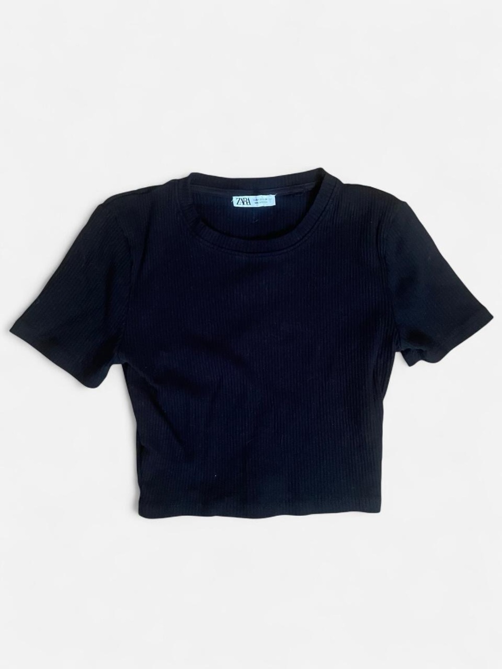 Zara Black Ribbed Short Sleeve Crop Tee